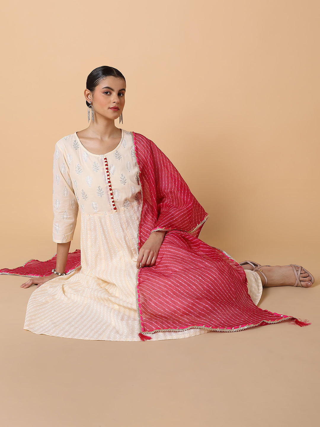 Women Ethnic Motifs Cream Anarkali Kurta with Duppatta