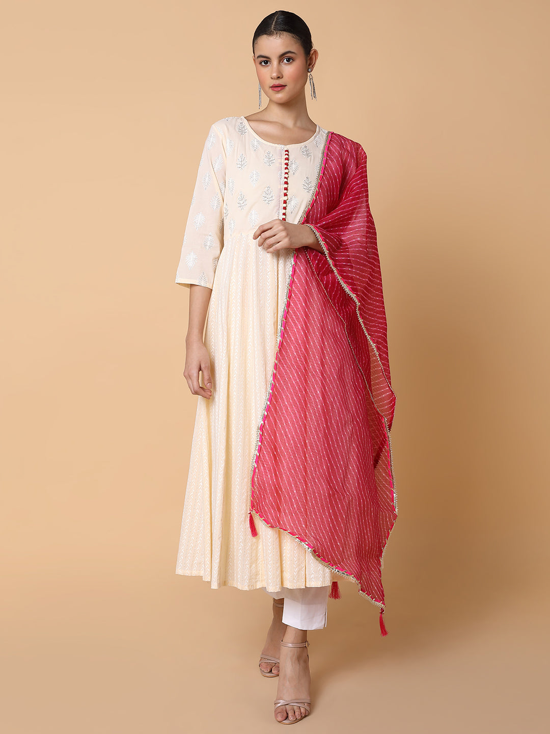 Women Ethnic Motifs Cream Anarkali Kurta with Duppatta