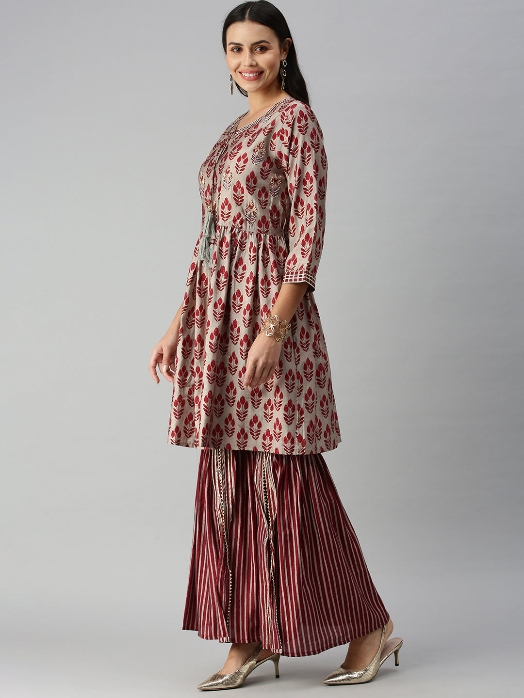 Women A-Line Taupe Printed Kurta and Sharara