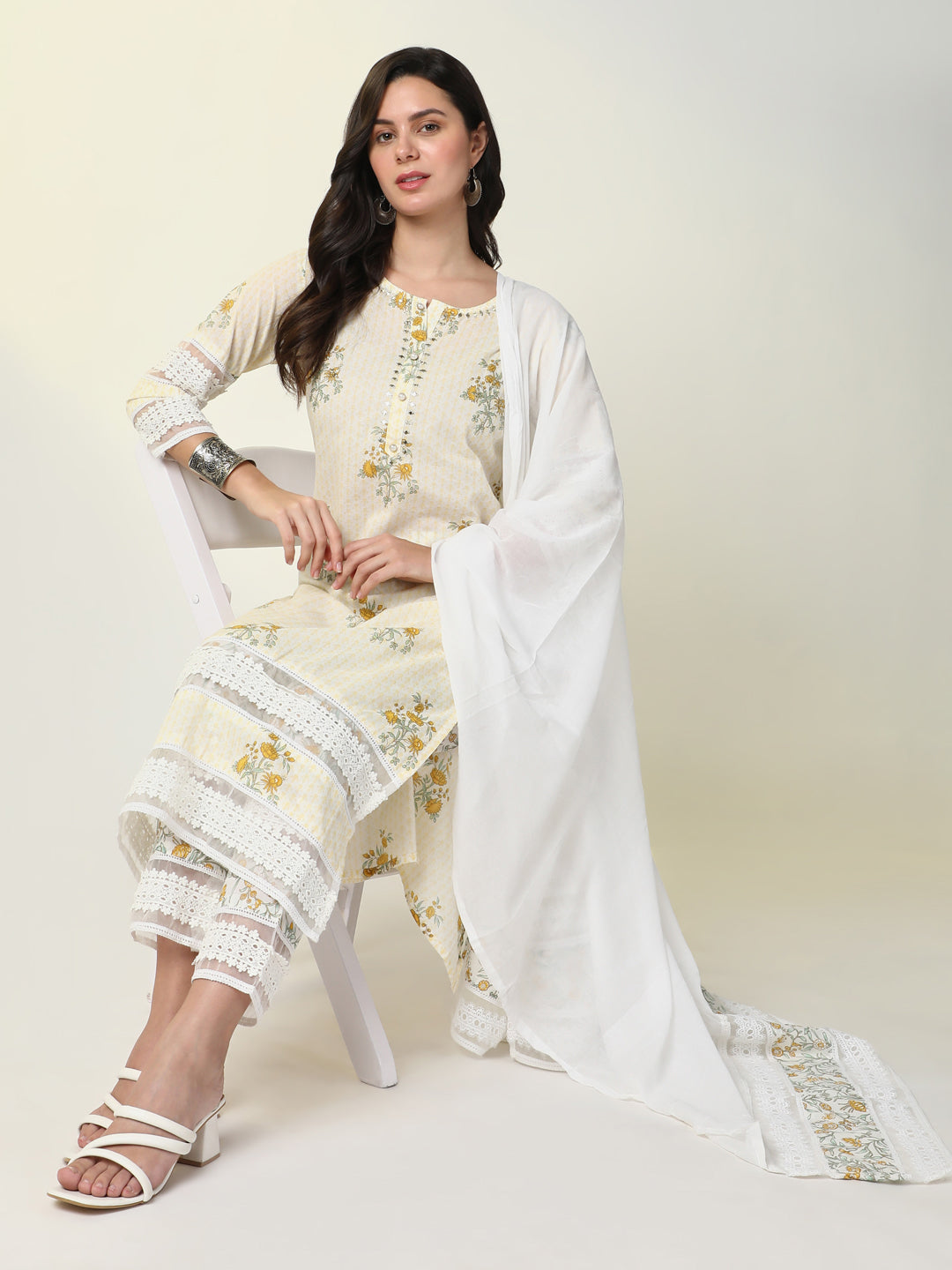 Women Cream Floral Kurta Set with Dupatta