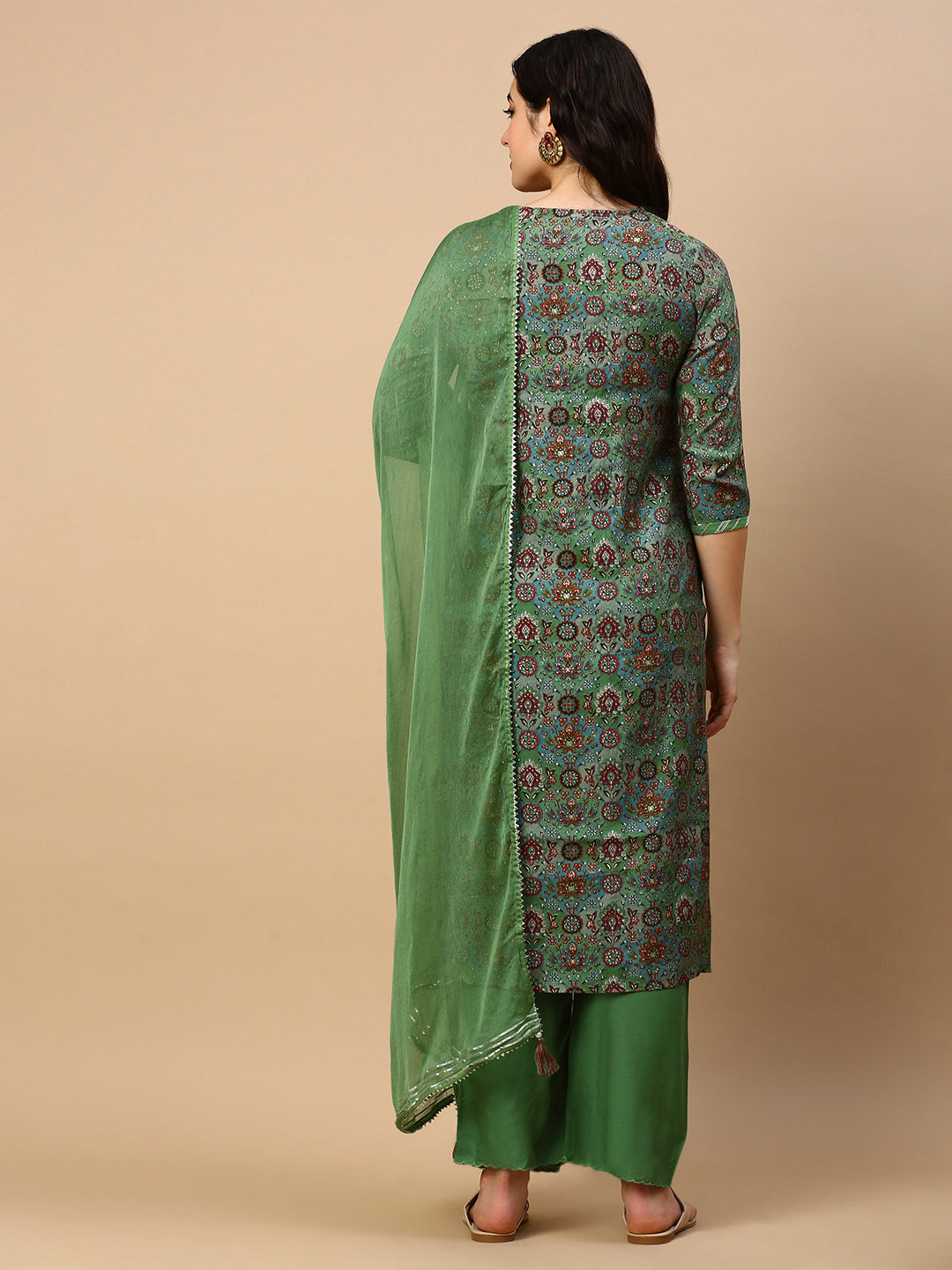 Women Graphic Green Straight Kurta Set with Dupatta