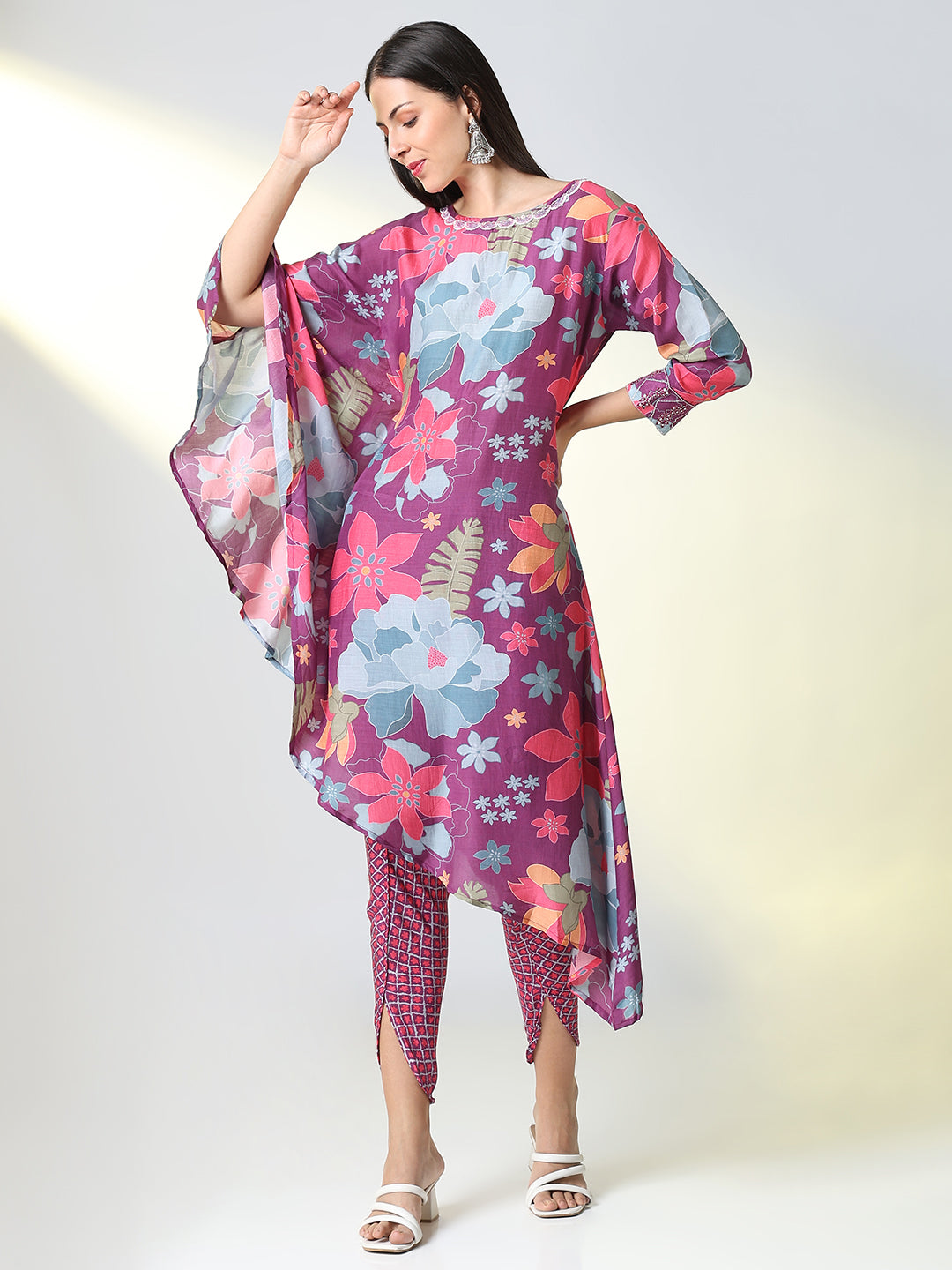 Women Purple Floral Asymmetric Kurta Set