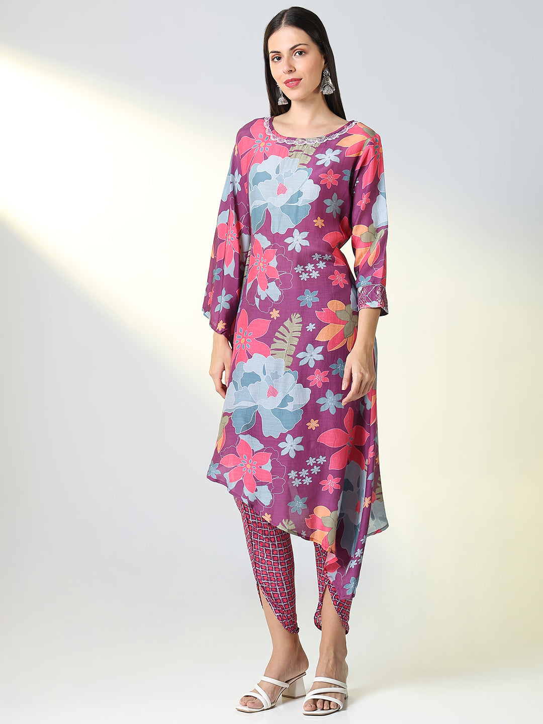 Women Purple Floral Asymmetric Kurta Set