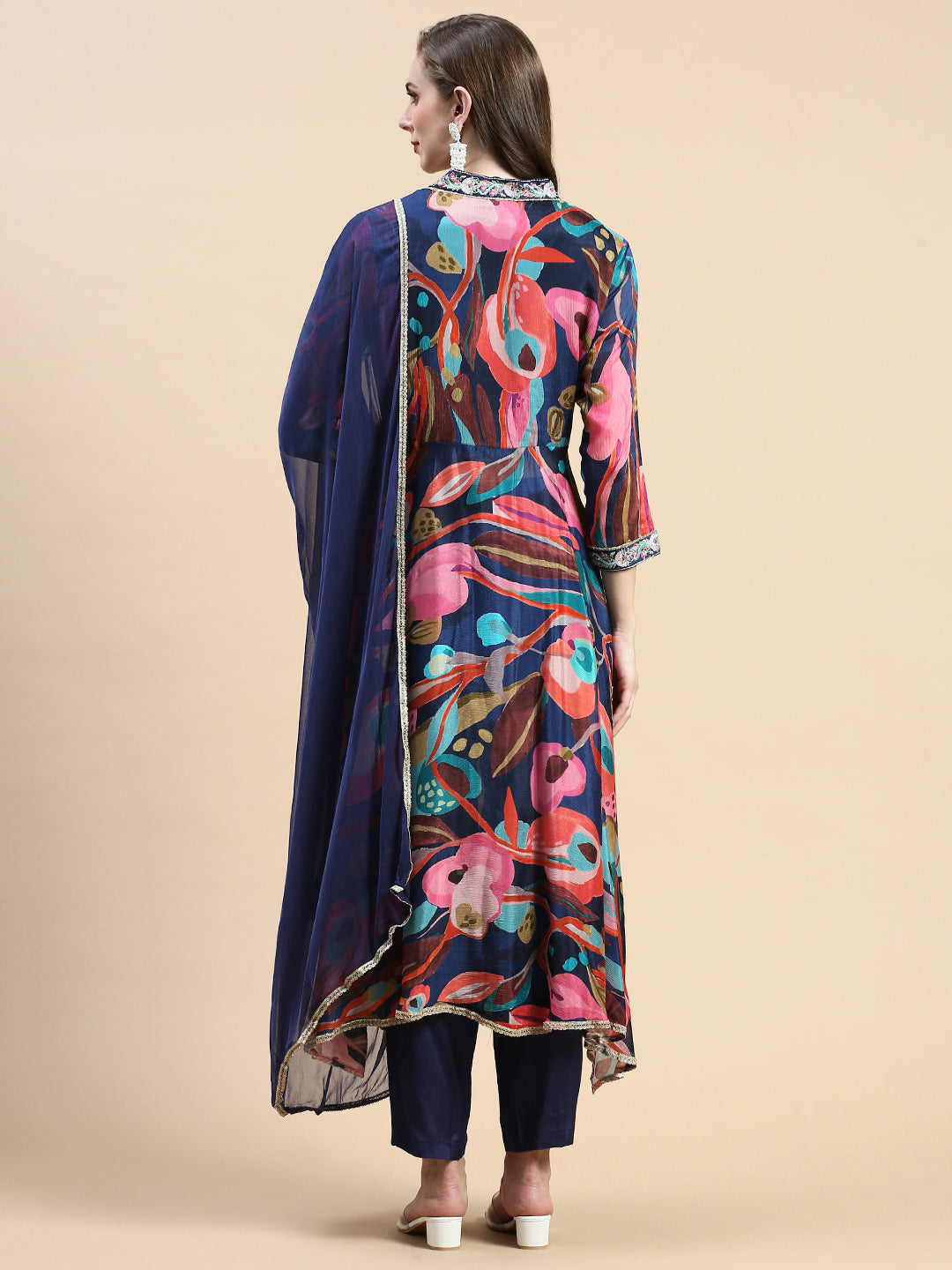 Women Floral Navy Blue Anarkali Kurta Set with Dupatta