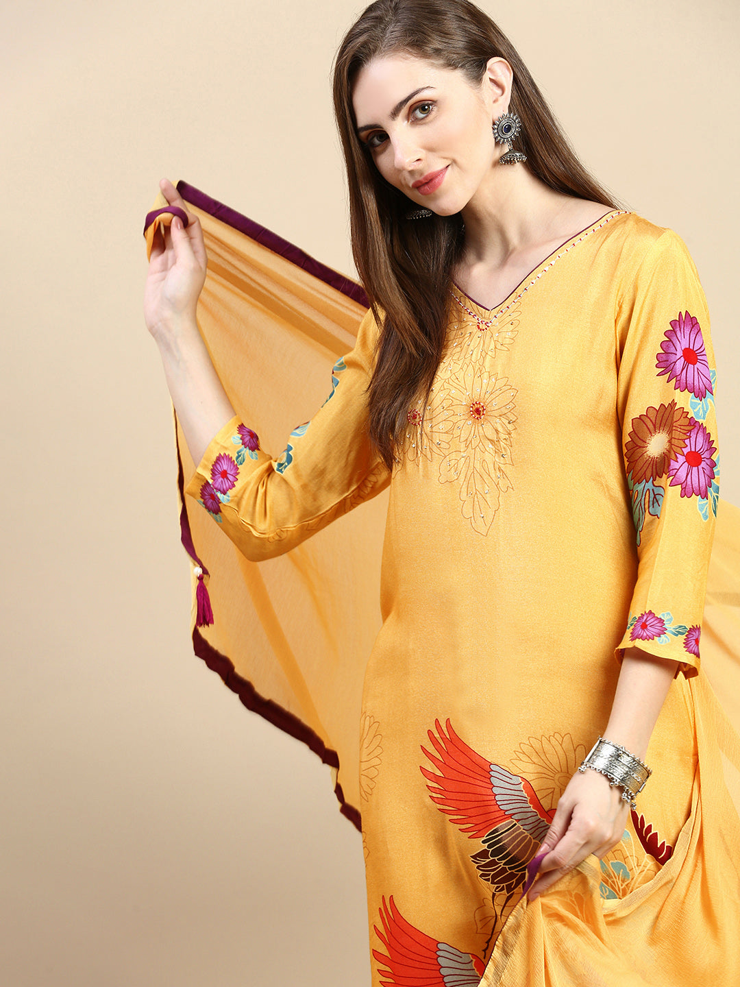 Women Floral Mustard Straight Kurta Set with Dupatta