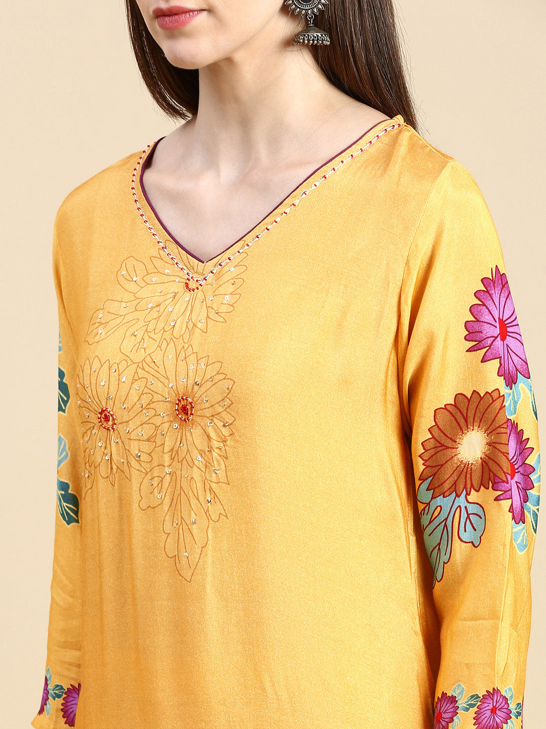 Women Floral Mustard Straight Kurta Set with Dupatta