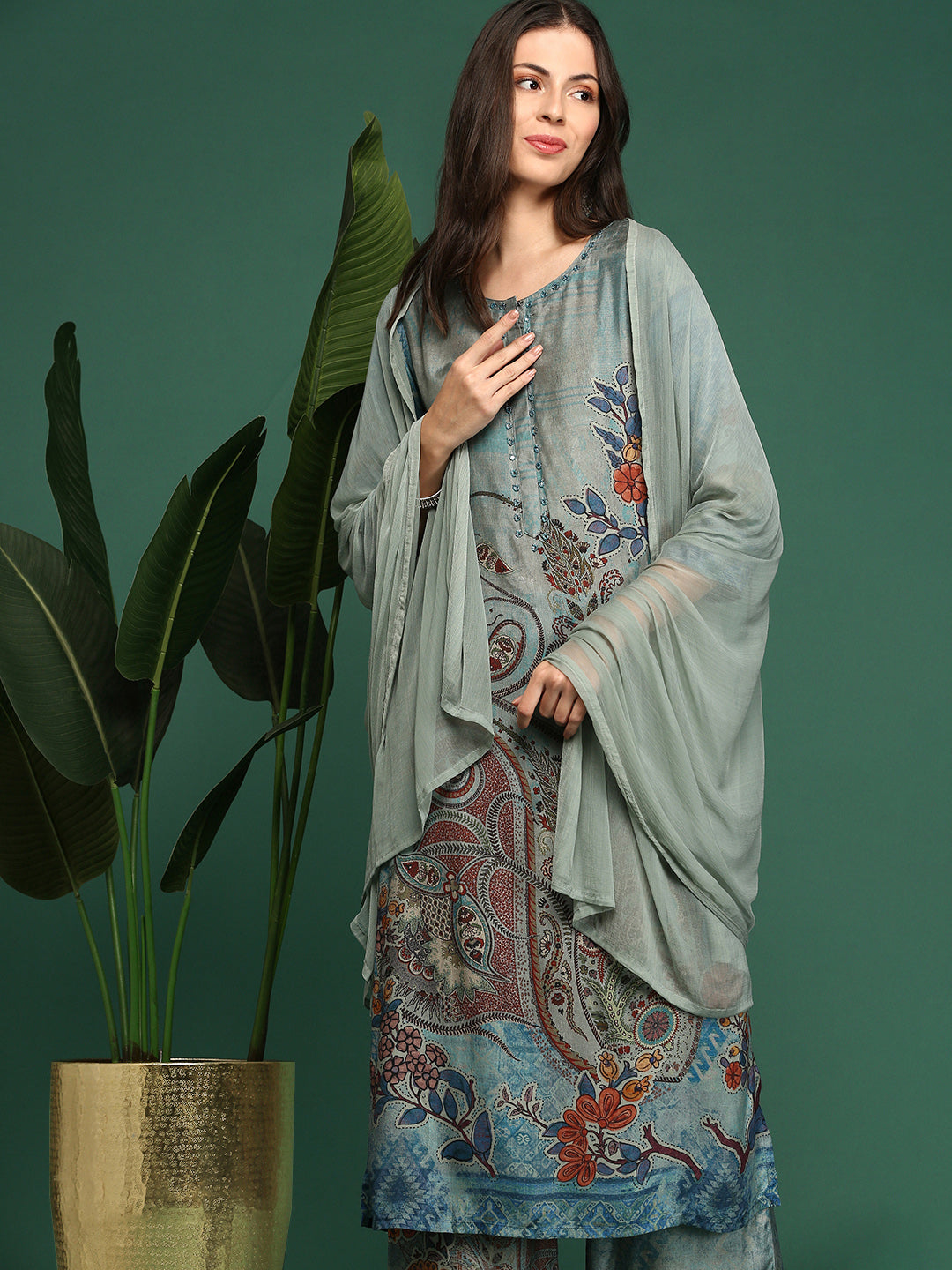 Women Floral Grey Straight Kurta Set with Dupatta