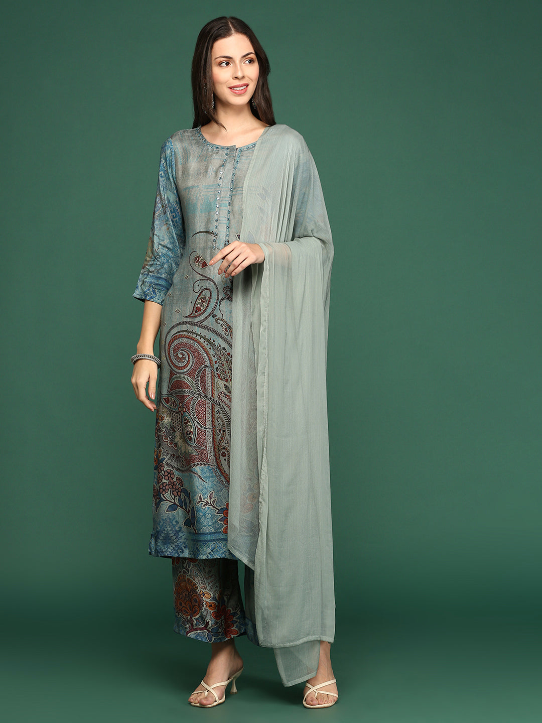 Women Floral Grey Straight Kurta Set with Dupatta