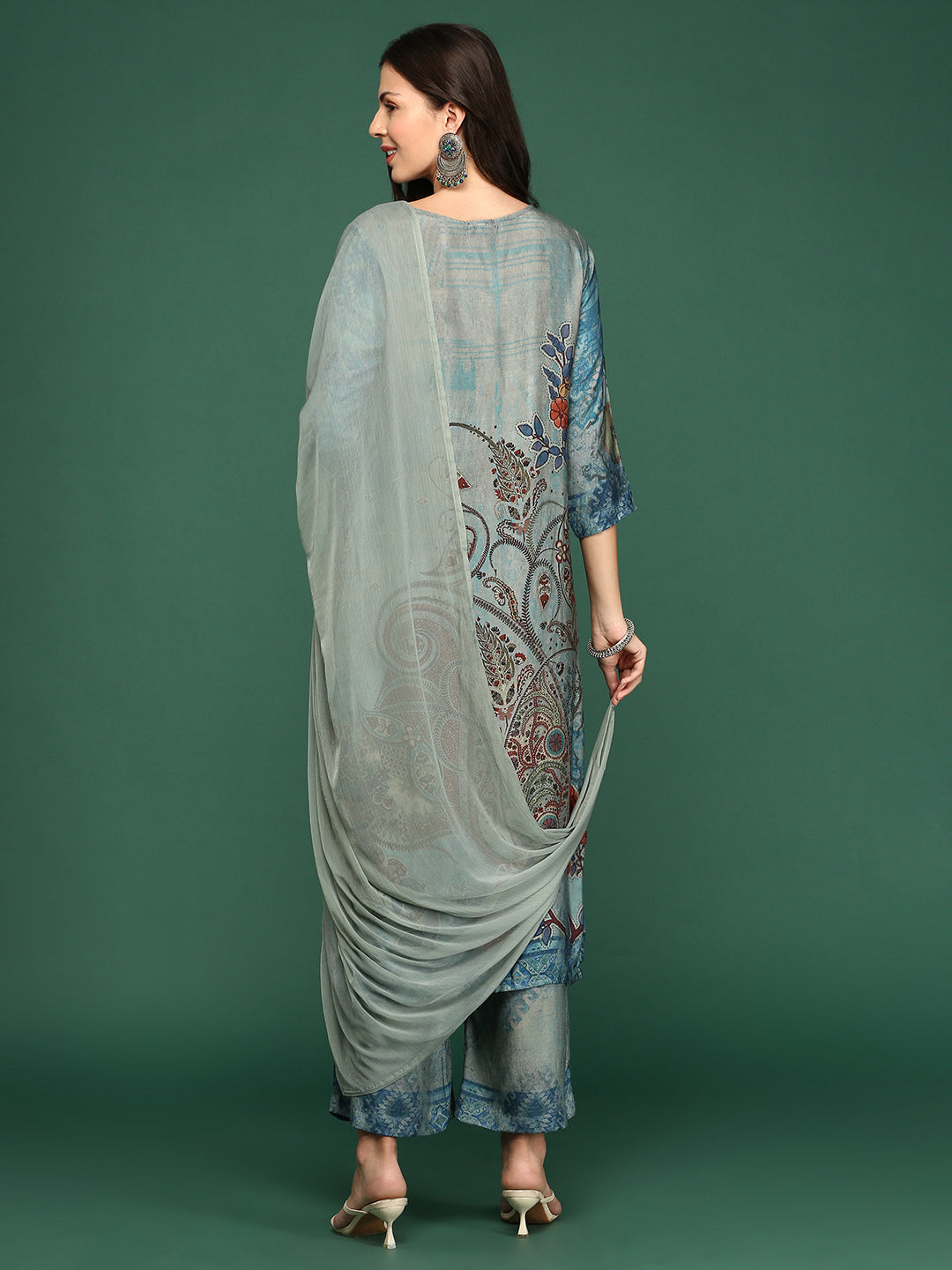 Women Floral Grey Straight Kurta Set with Dupatta