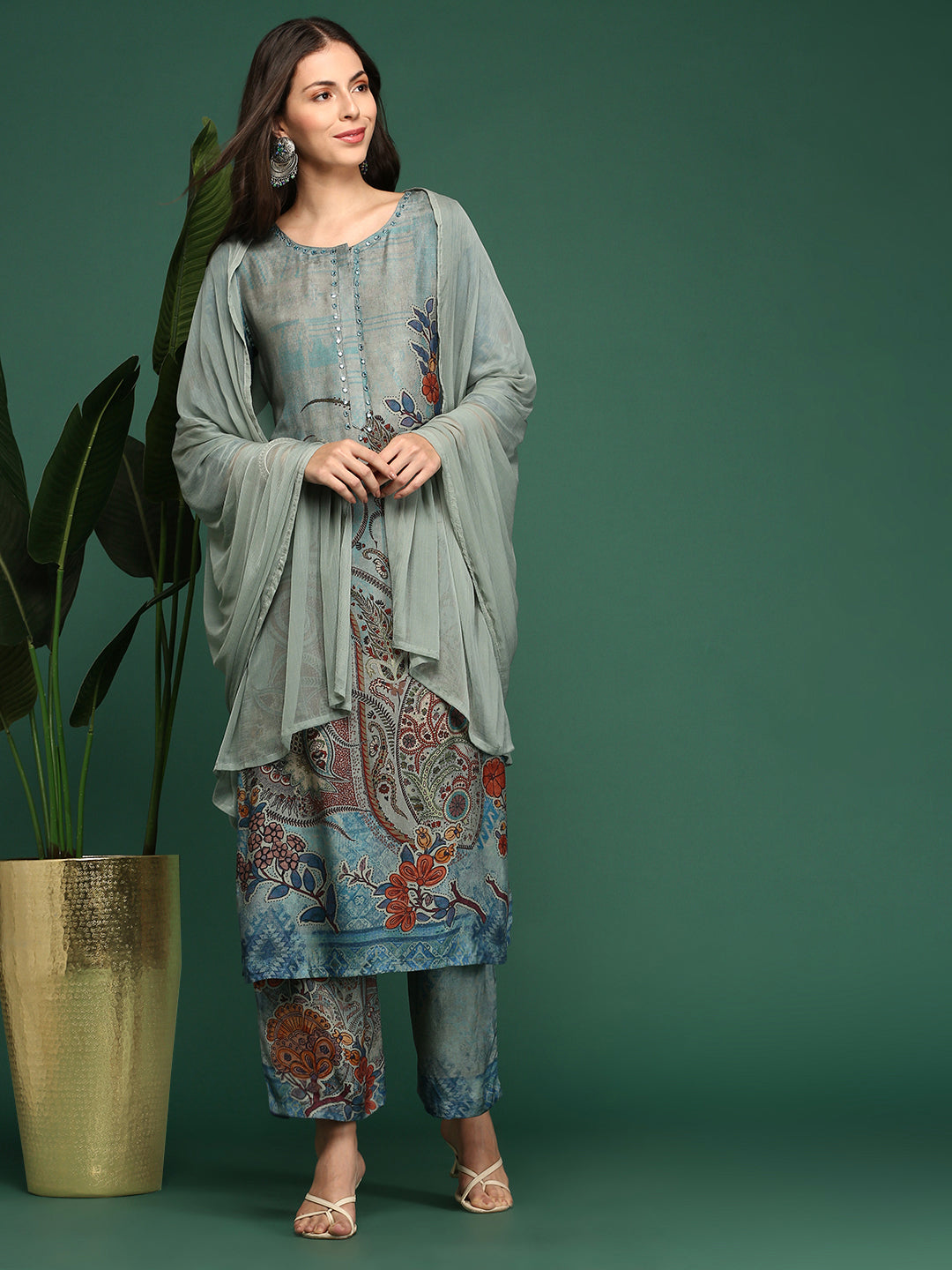 Women Floral Grey Straight Kurta Set with Dupatta