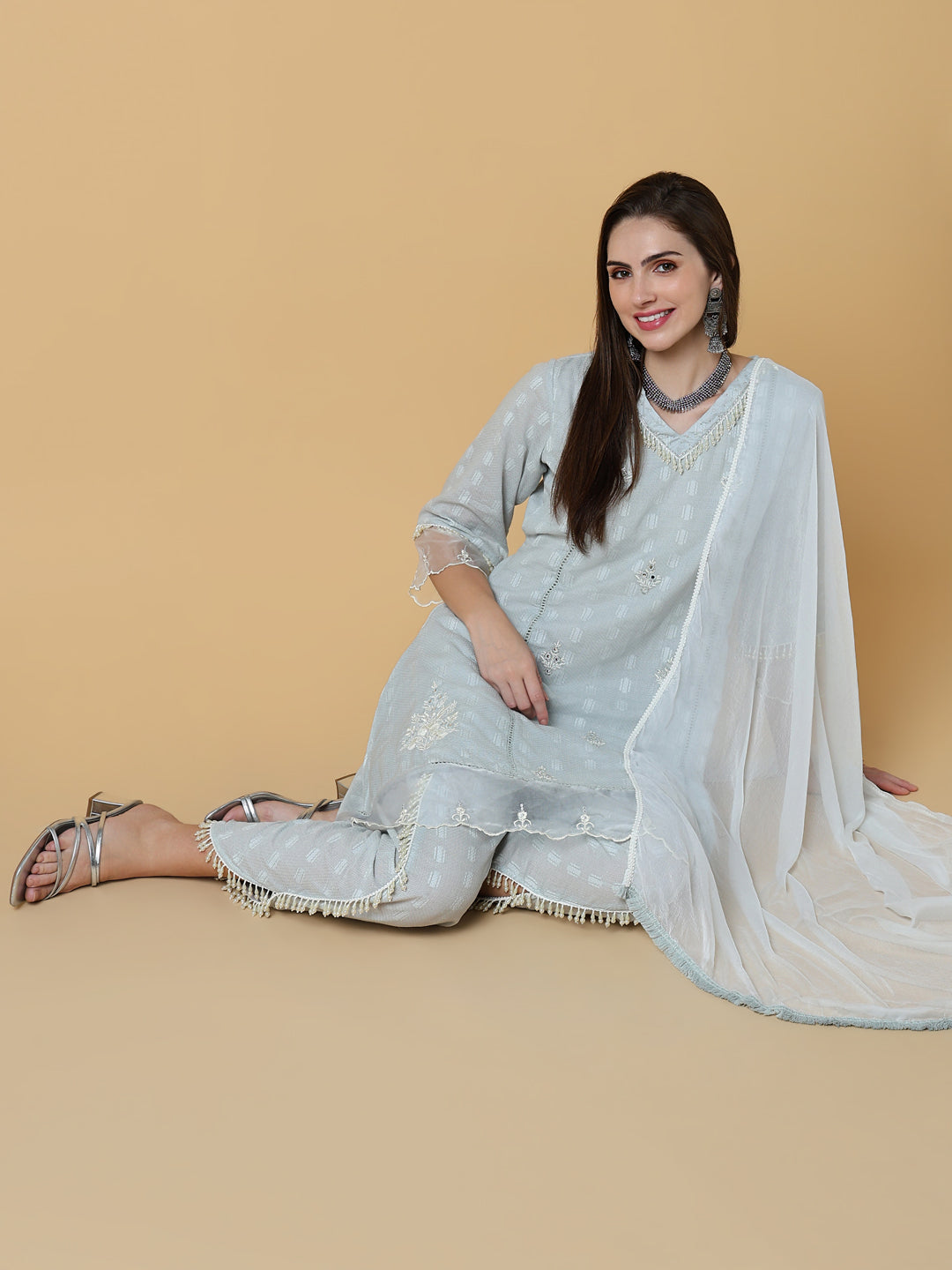 Women Solid Grey A-Line Kurta Set with Dupatta