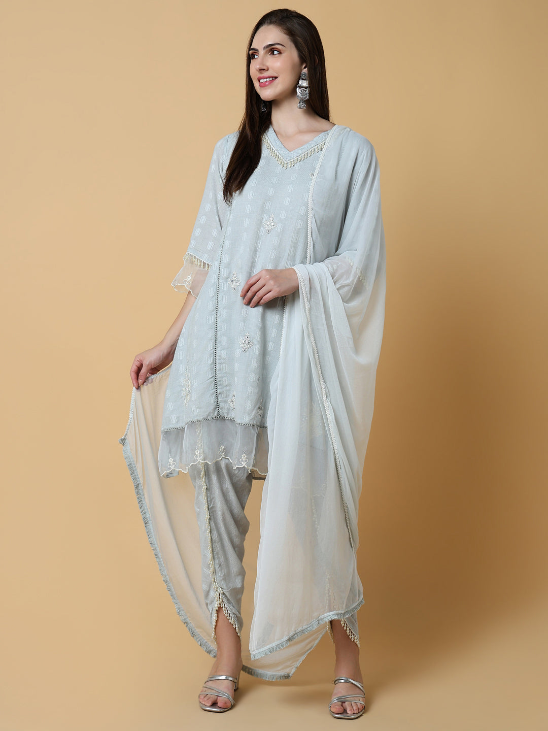 Women Solid Grey A-Line Kurta Set with Dupatta