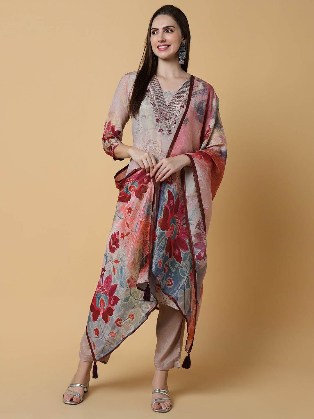 Women Floral Beige Straight Kurta Set with Dupatta