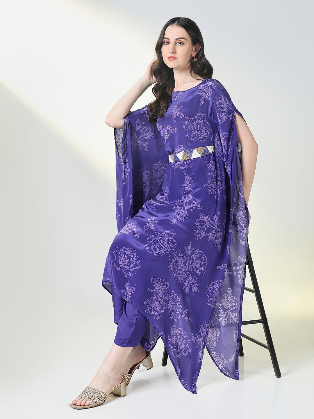 Women Purple Floral Kaftan Kurta Set with Belt