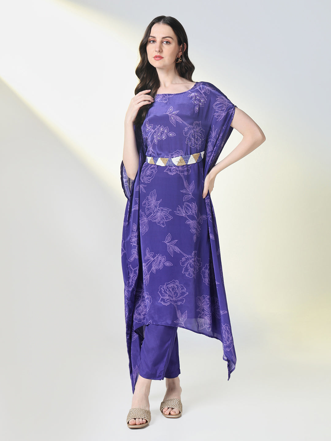 Women Purple Floral Kaftan Kurta Set with Belt