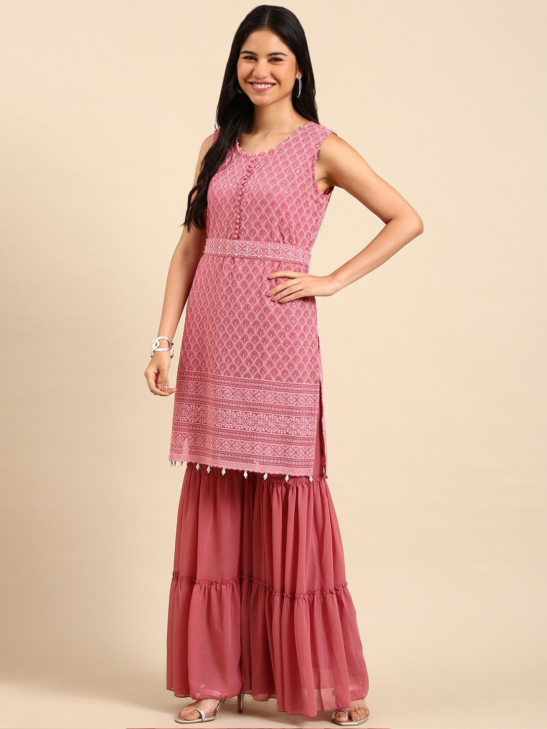 Women Solid Pink Straight Kurta Set with Dupatta and Belt