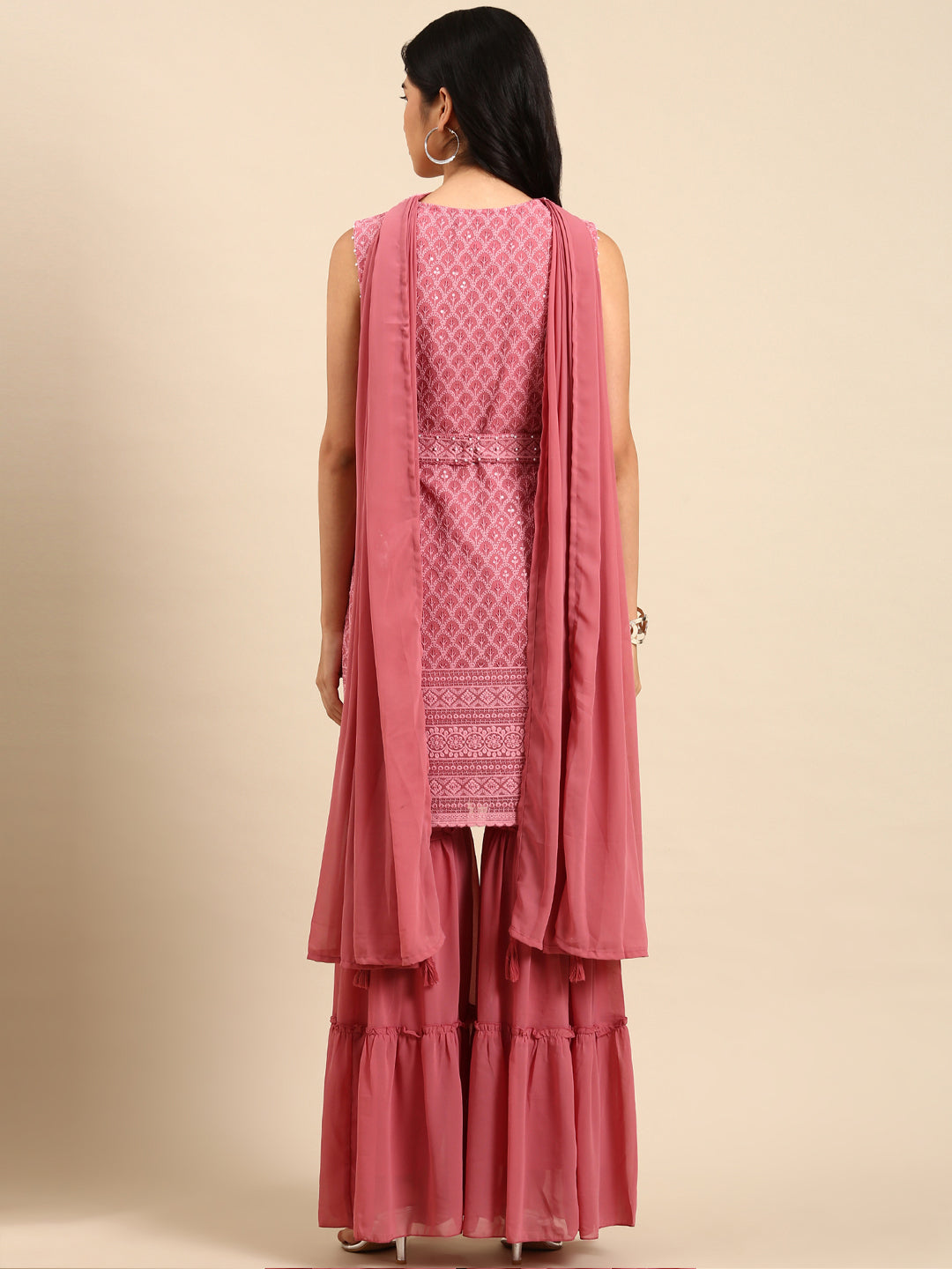 Women Solid Pink Straight Kurta Set with Dupatta and Belt