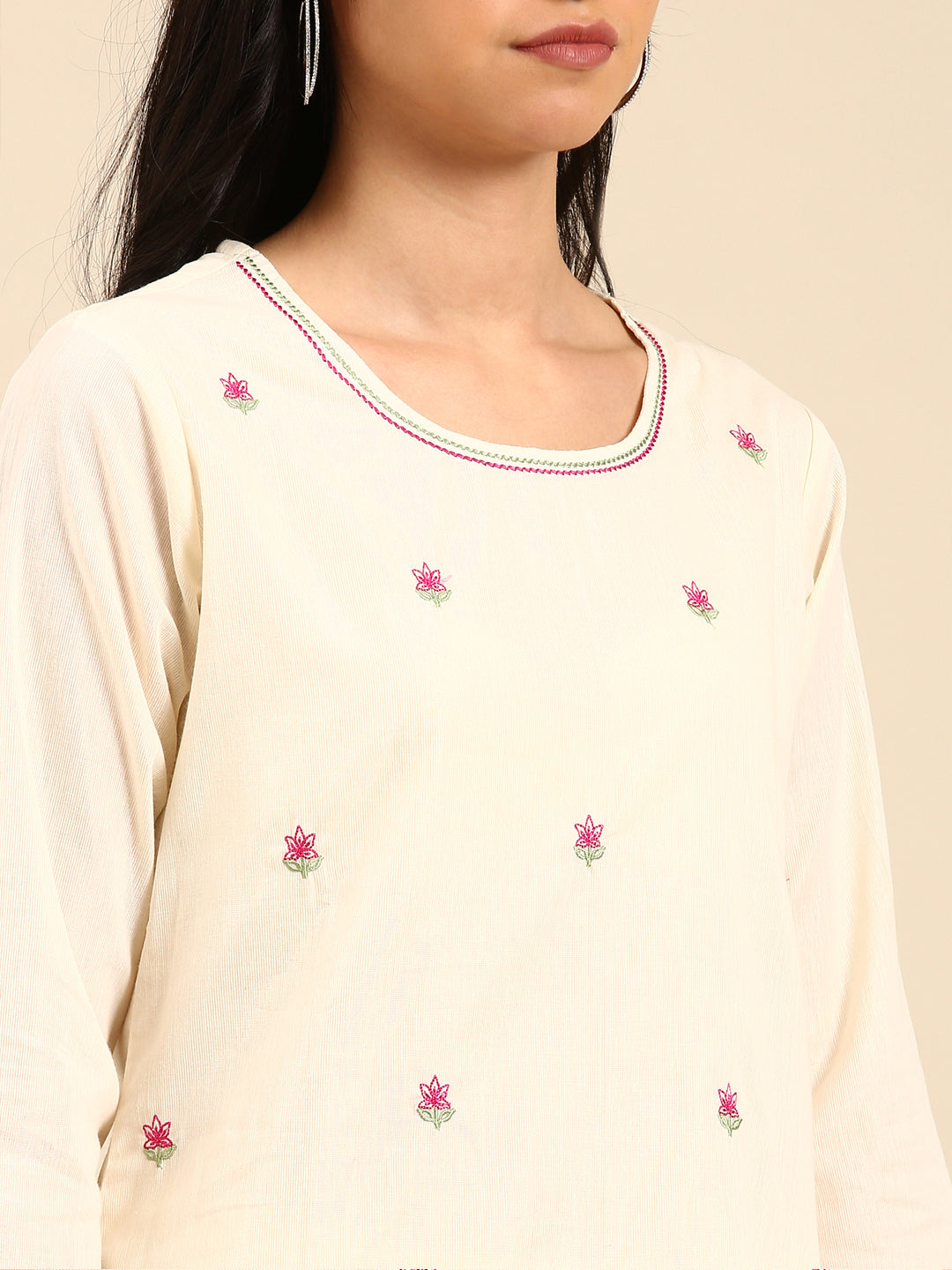 Women Solid Cream Straight Kurta Set with Dupatta