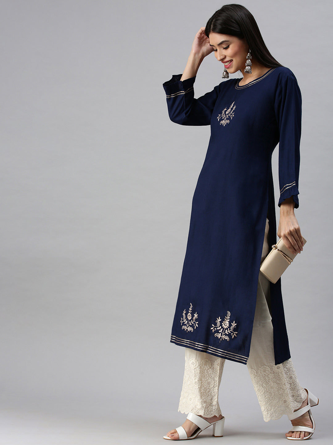 Women Straight Navy Blue Solid Kurta and Trousers