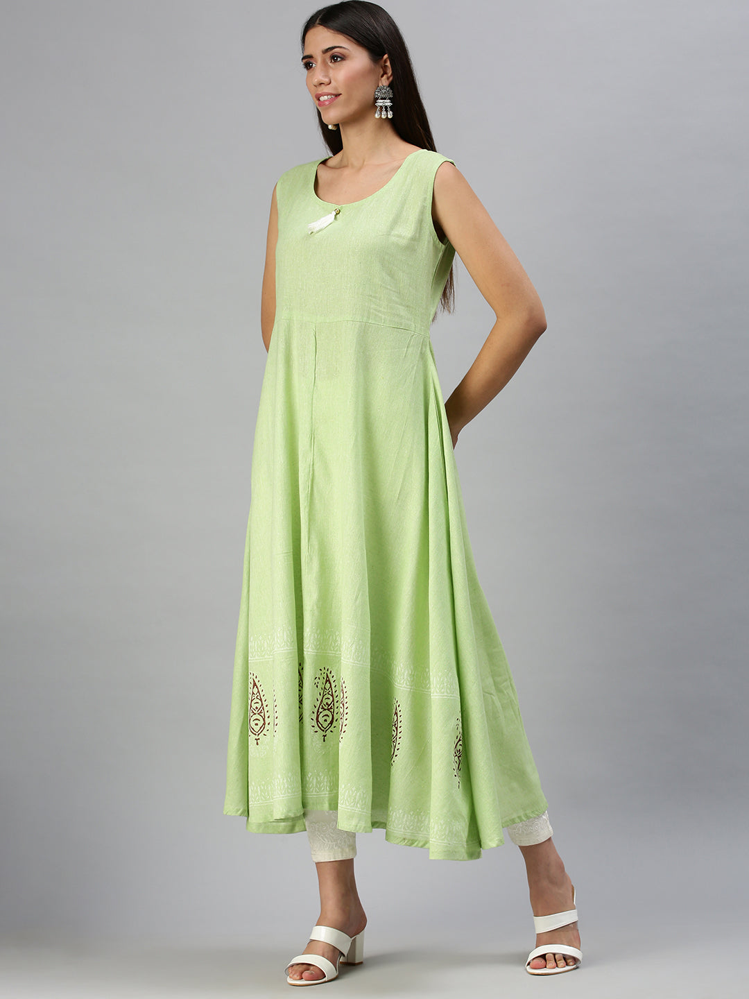 Women Mandarin Collar Woven Design Green Anarkali Kurta