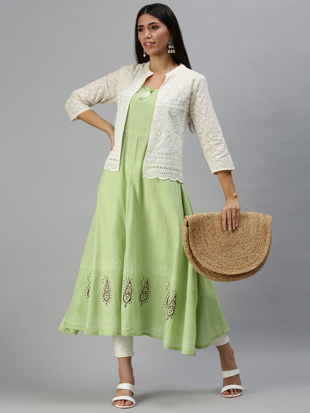 Women Mandarin Collar Woven Design Green Anarkali Kurta