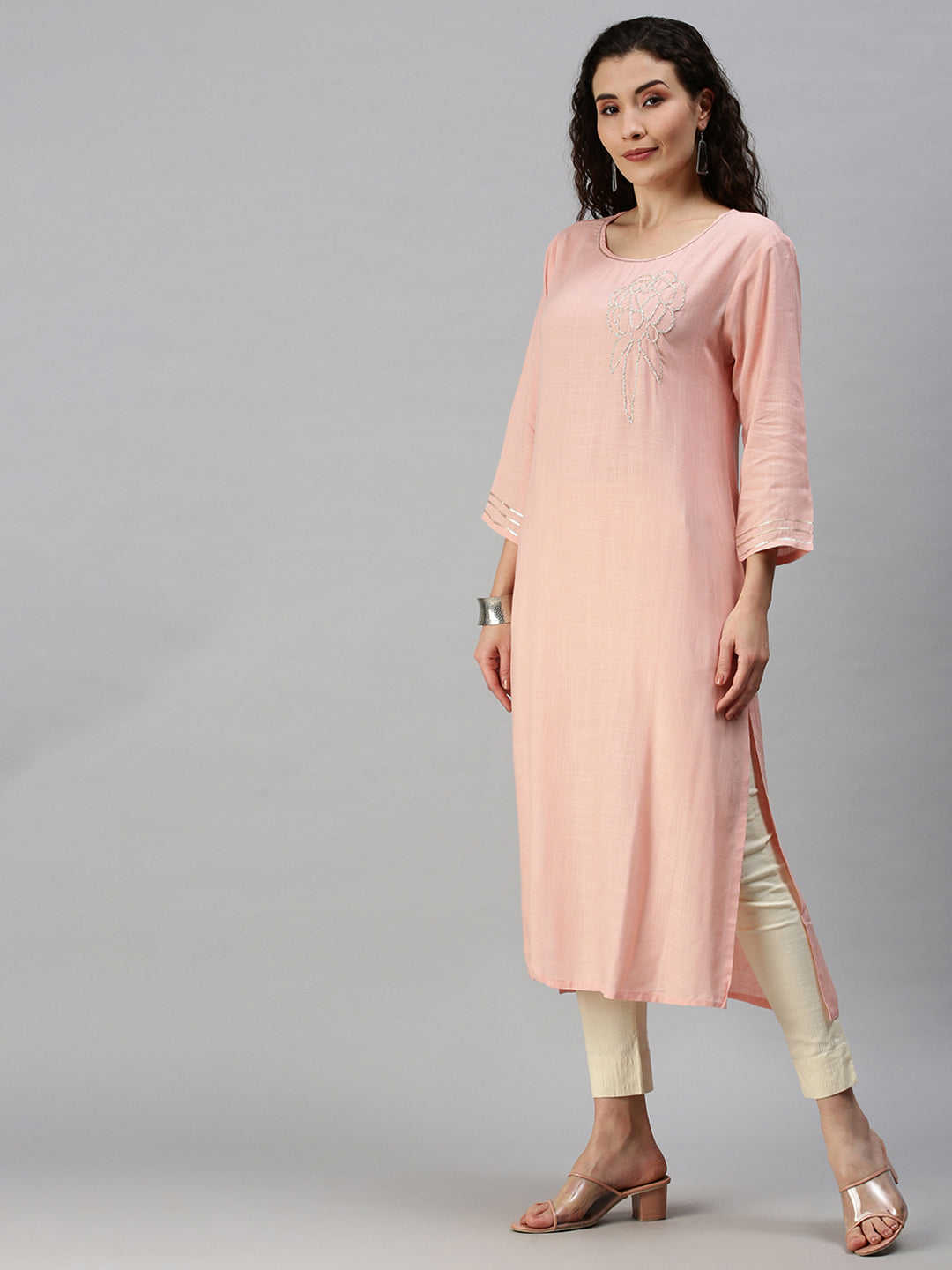 Women Solid Pink Straight Kurta