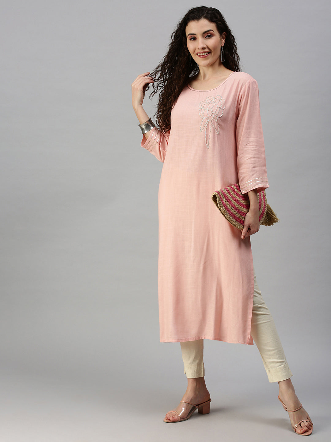 Women Solid Pink Straight Kurta