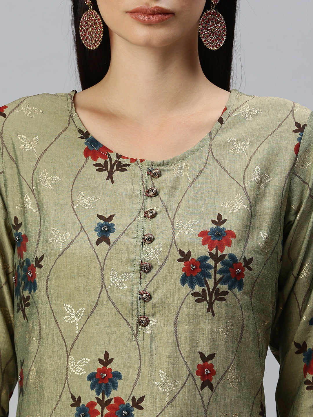 Women Straight Olive Printed Kurta and Palazzos