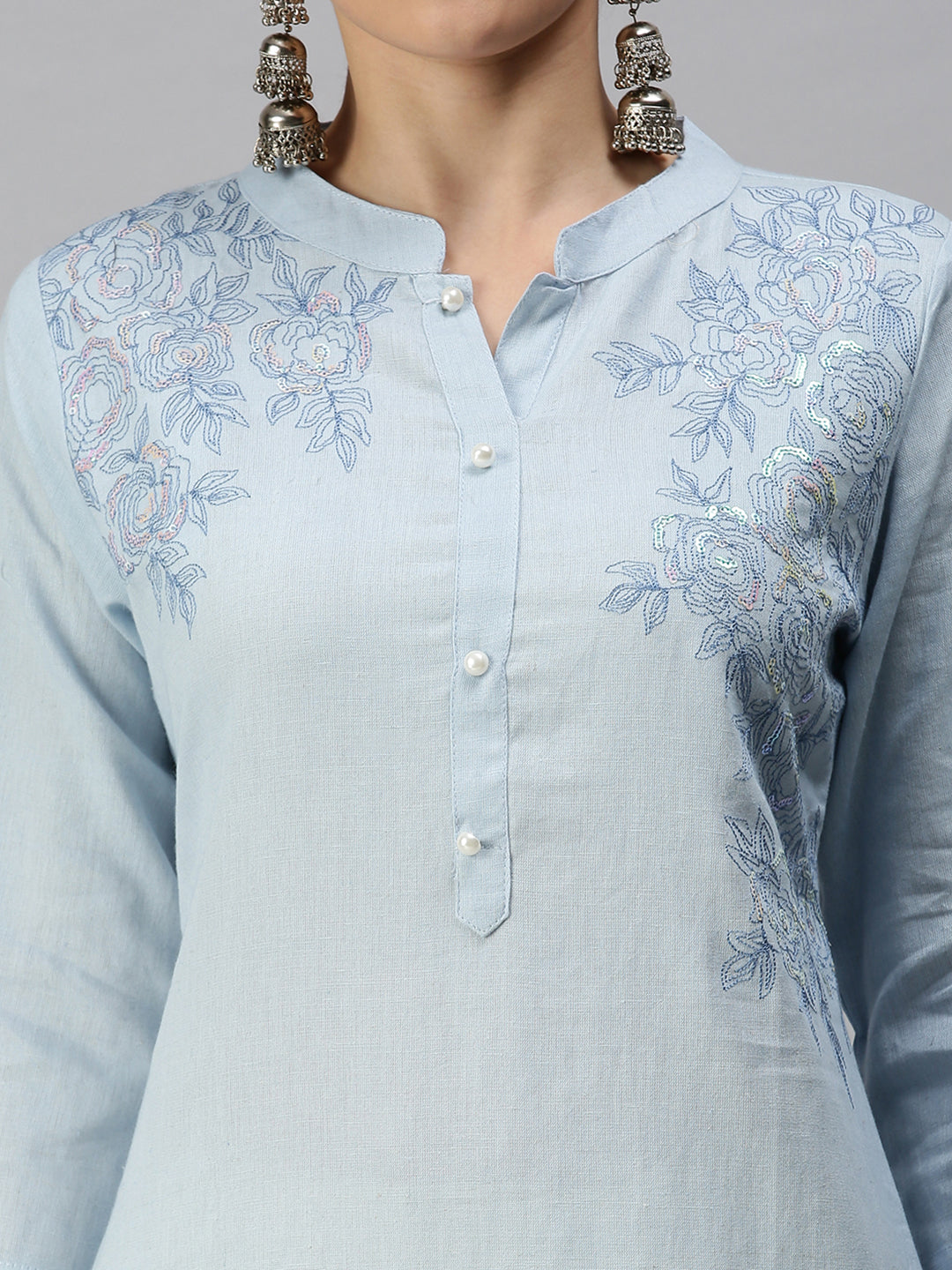 Women Mandarin Collar Solid Blue Straight Kurta