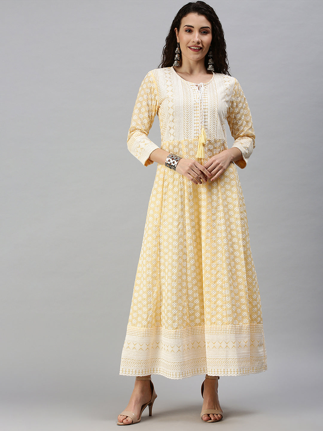 Women Woven Design Yellow Anarkali Kurta