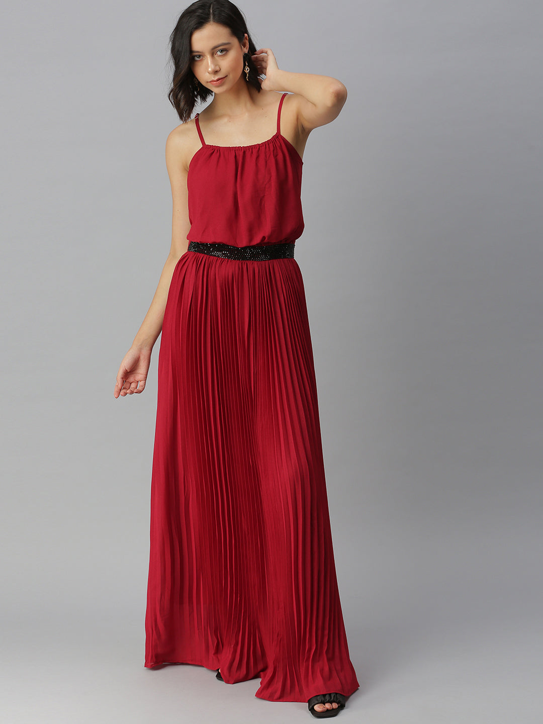Women Shoulder Straps Embellished Maxi Maroon Dress