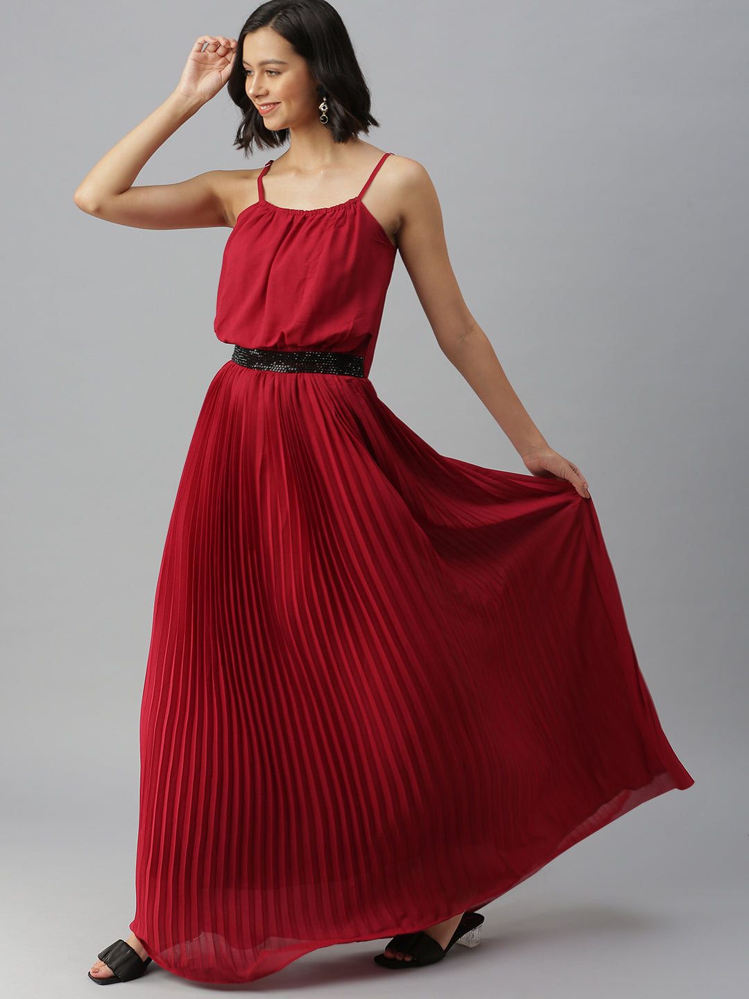 Women Shoulder Straps Embellished Maxi Maroon Dress