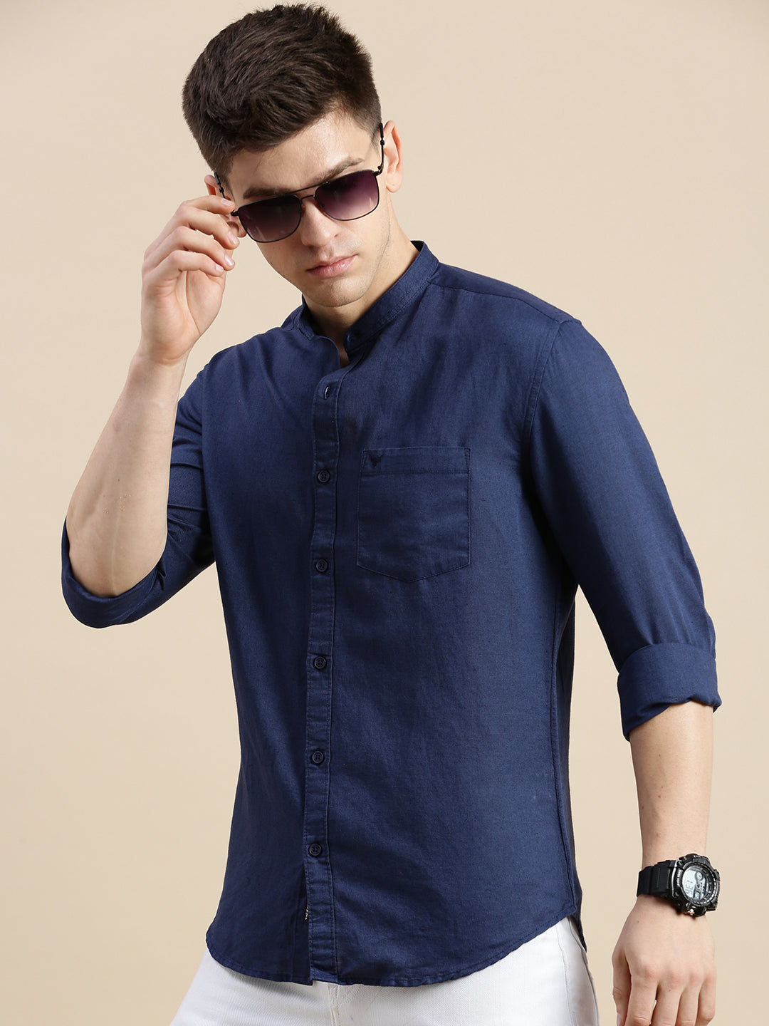 Men Mandarin Collar Solid Navy Blue Shirt