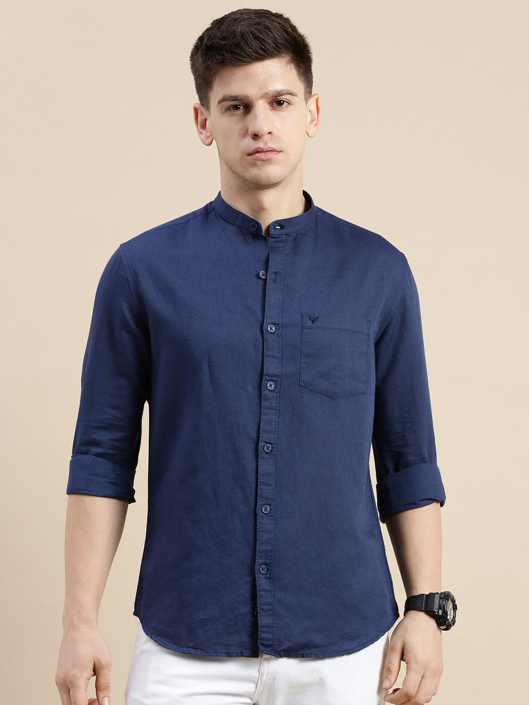 Men Mandarin Collar Solid Navy Blue Shirt