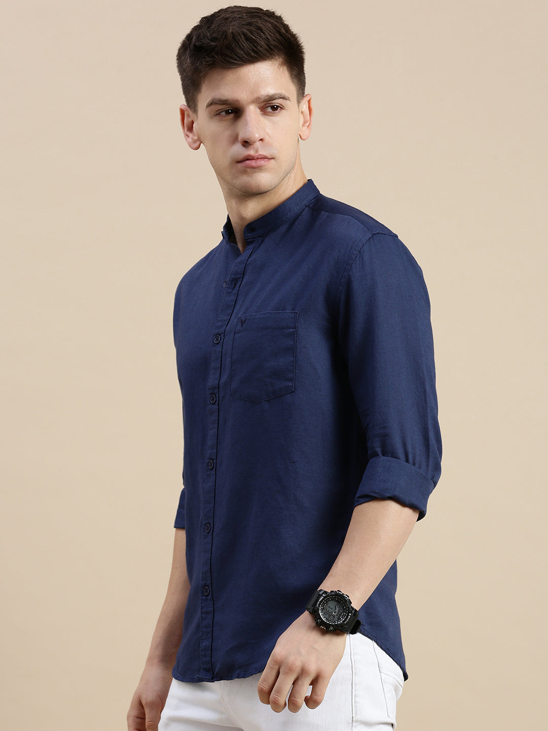 Men Mandarin Collar Solid Navy Blue Shirt