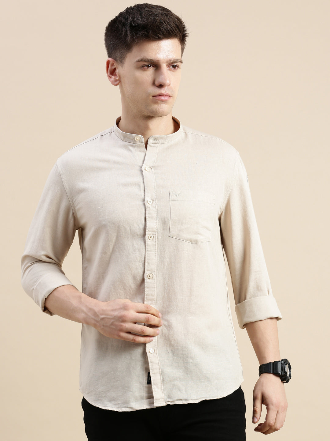 Men Mandarin Collar Solid Beige Shirt