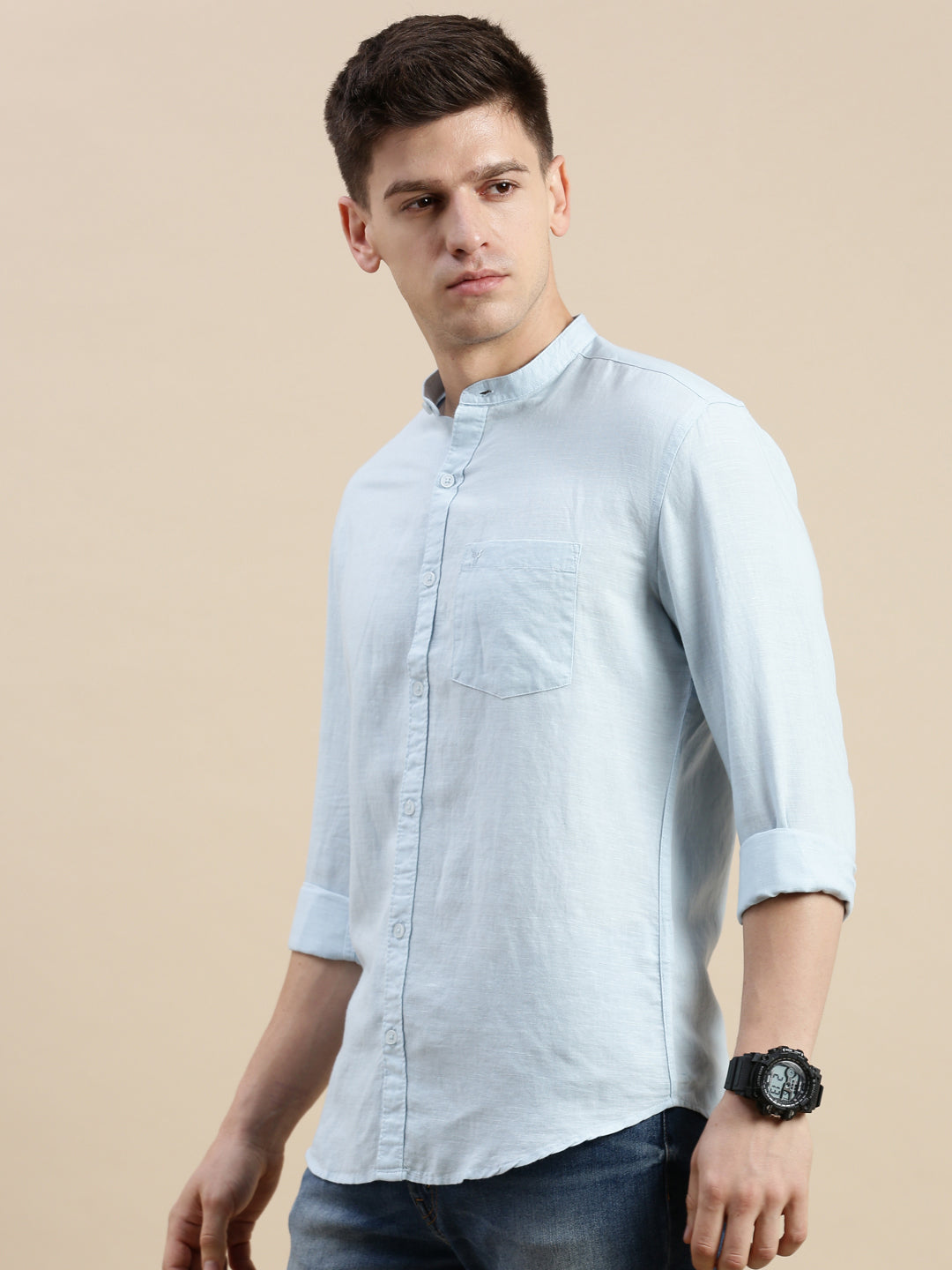 Men Mandarin Collar Solid Blue Shirt