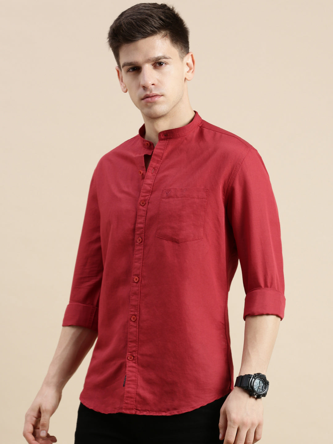 Men Mandarin Collar Solid Maroon Shirt