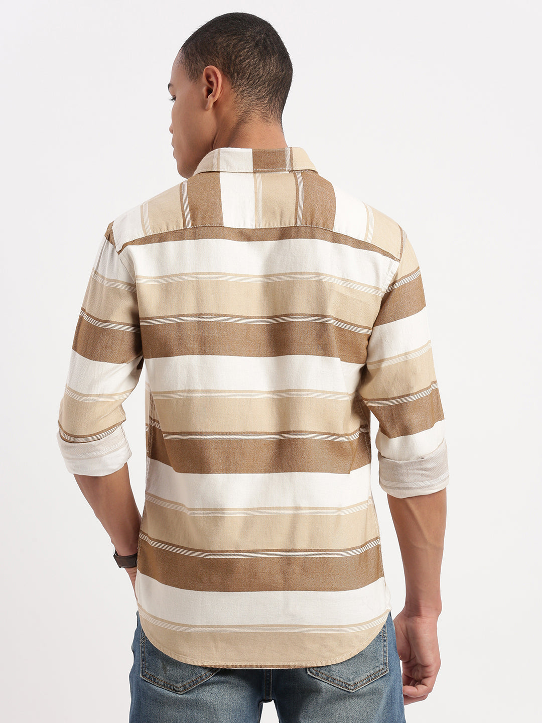 Men Horizontal Stripes Brown Shirt
