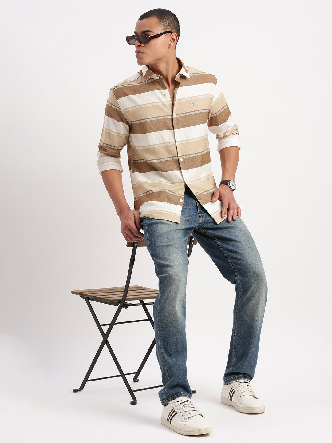 Men Horizontal Stripes Brown Shirt