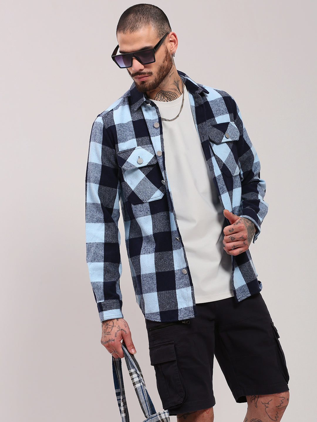 Men Blue Checked Shacket