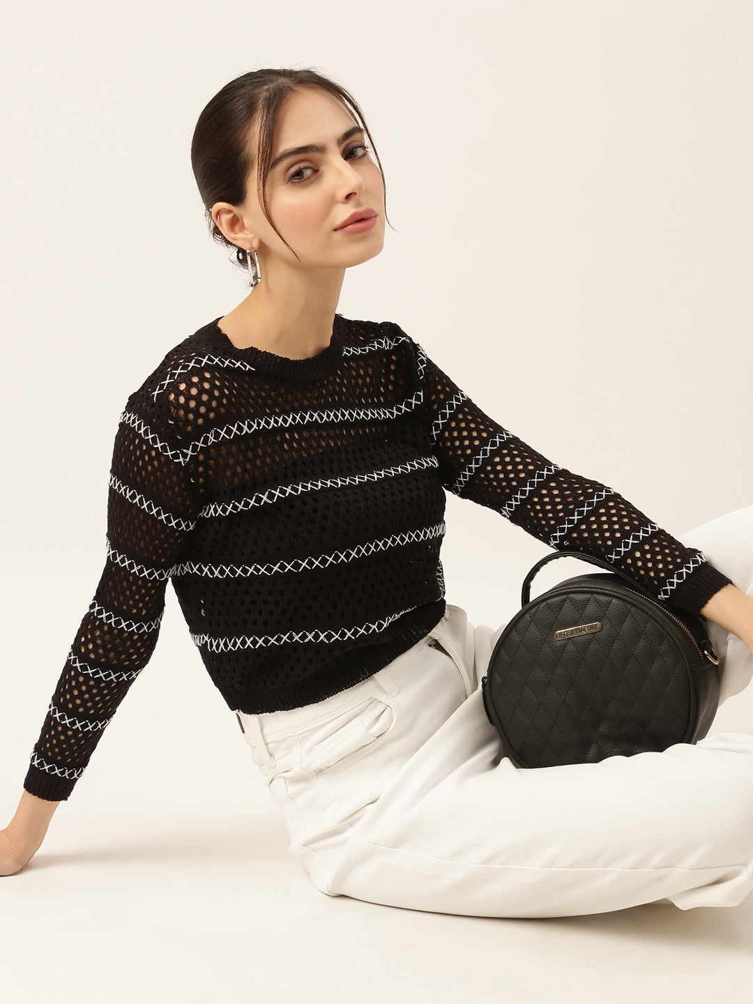 Women Black Striped Crochet Top