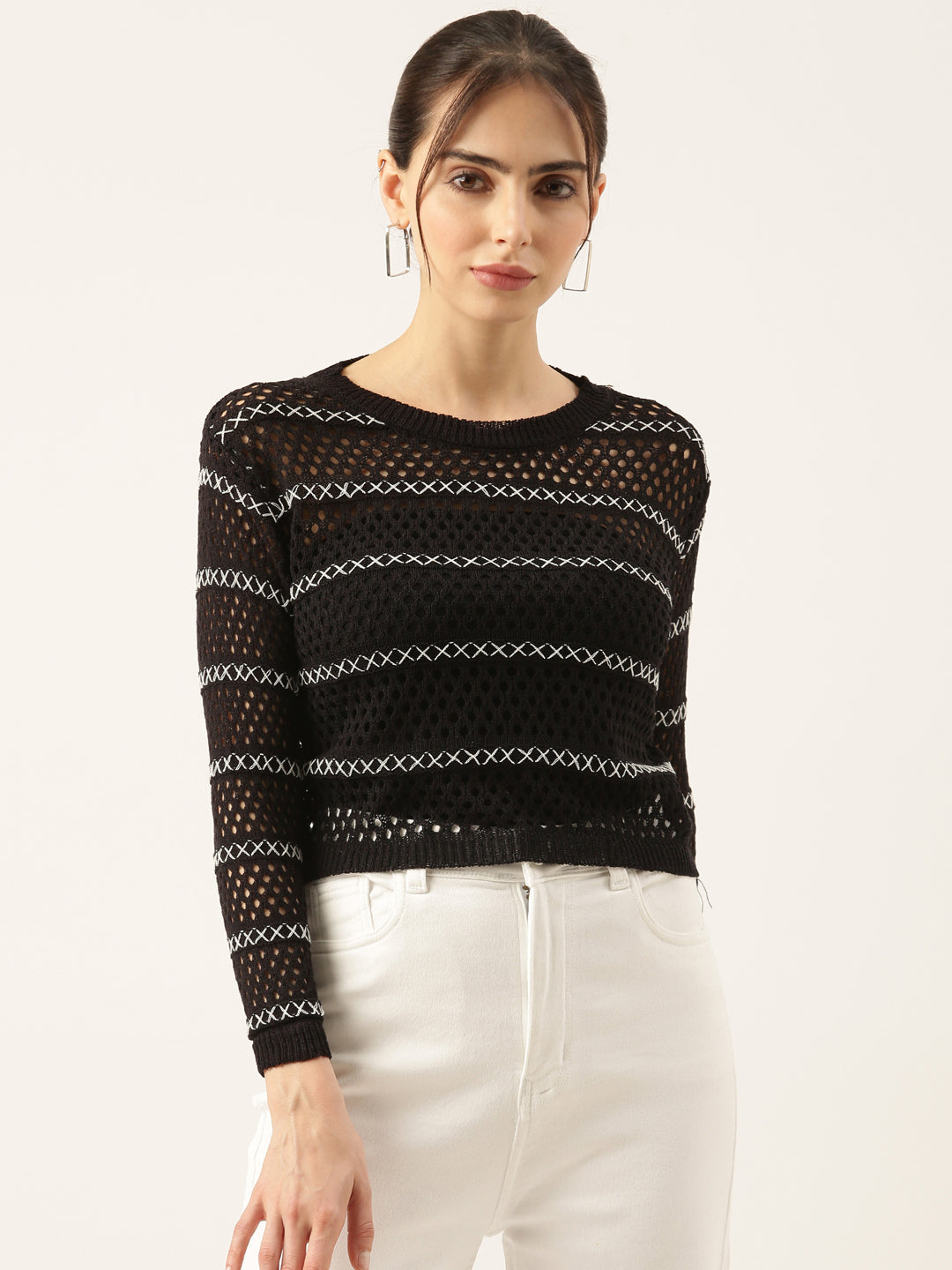 Women Black Striped Crochet Top