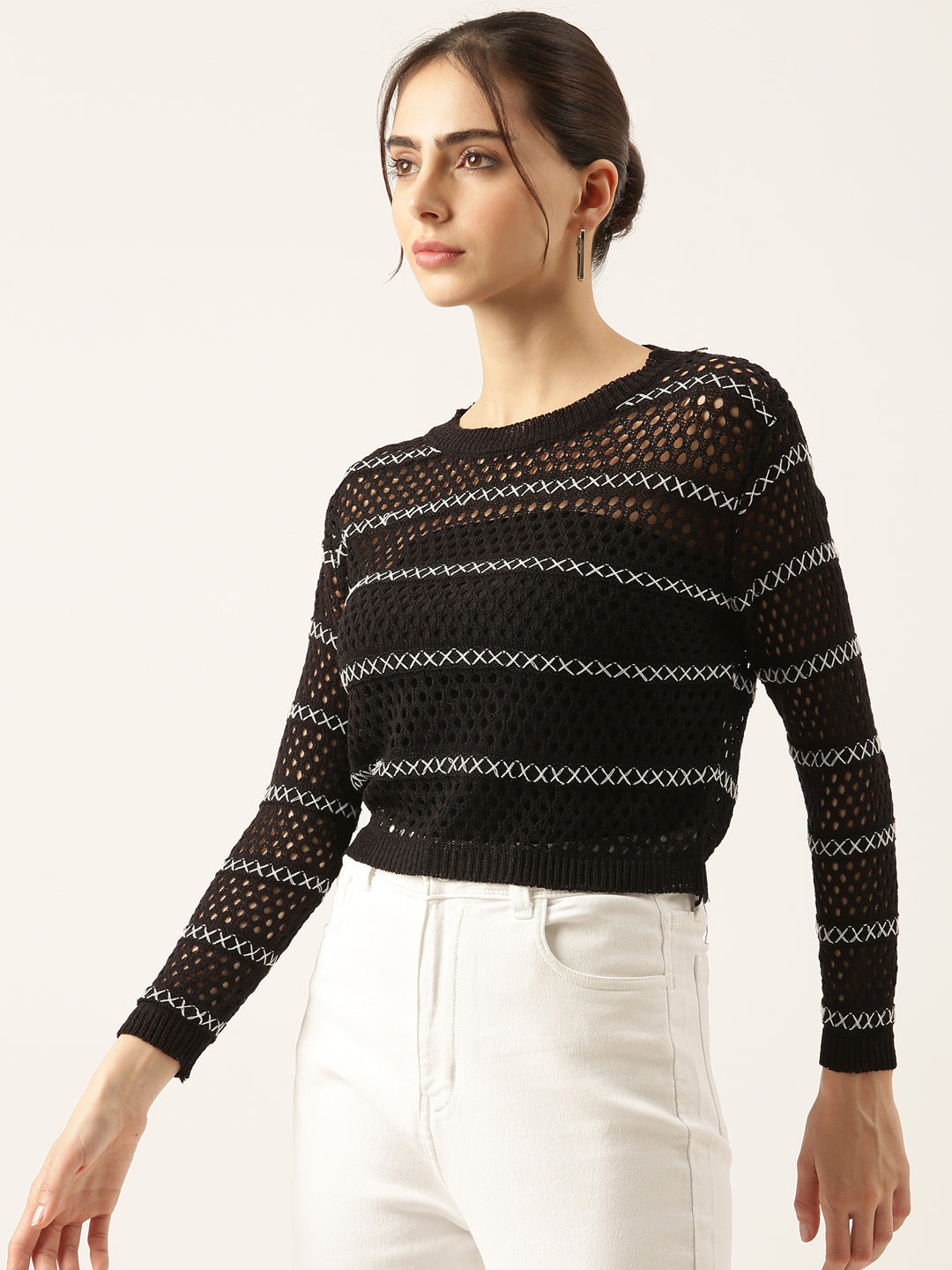 Women Black Striped Crochet Top