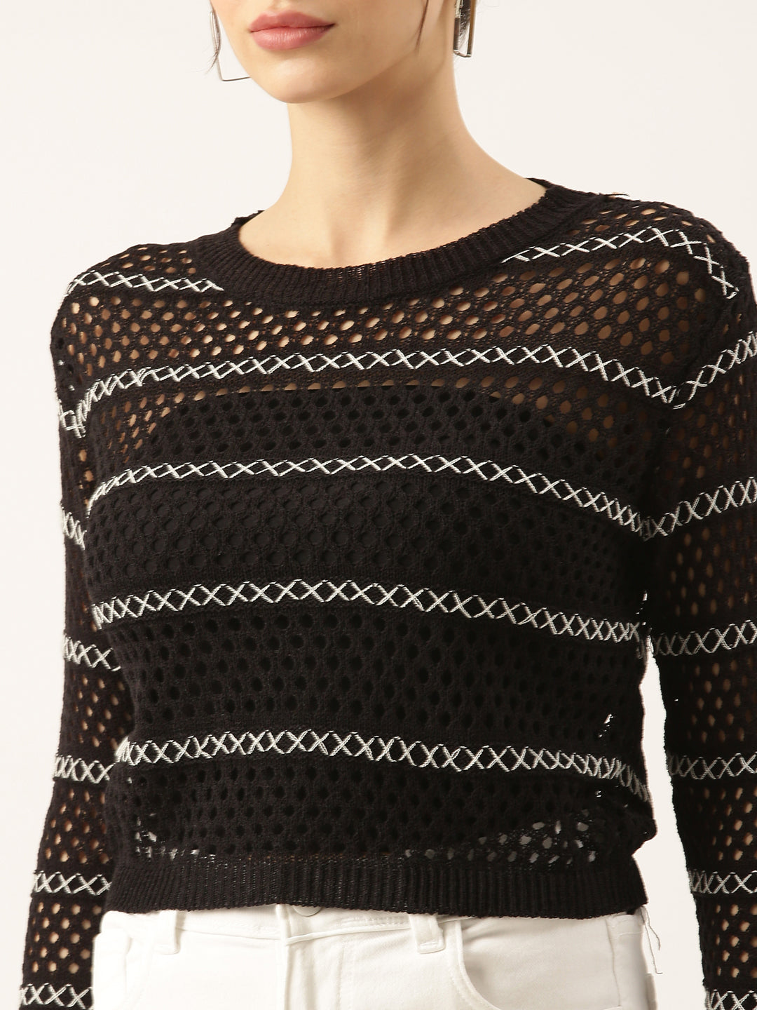 Women Black Striped Crochet Top