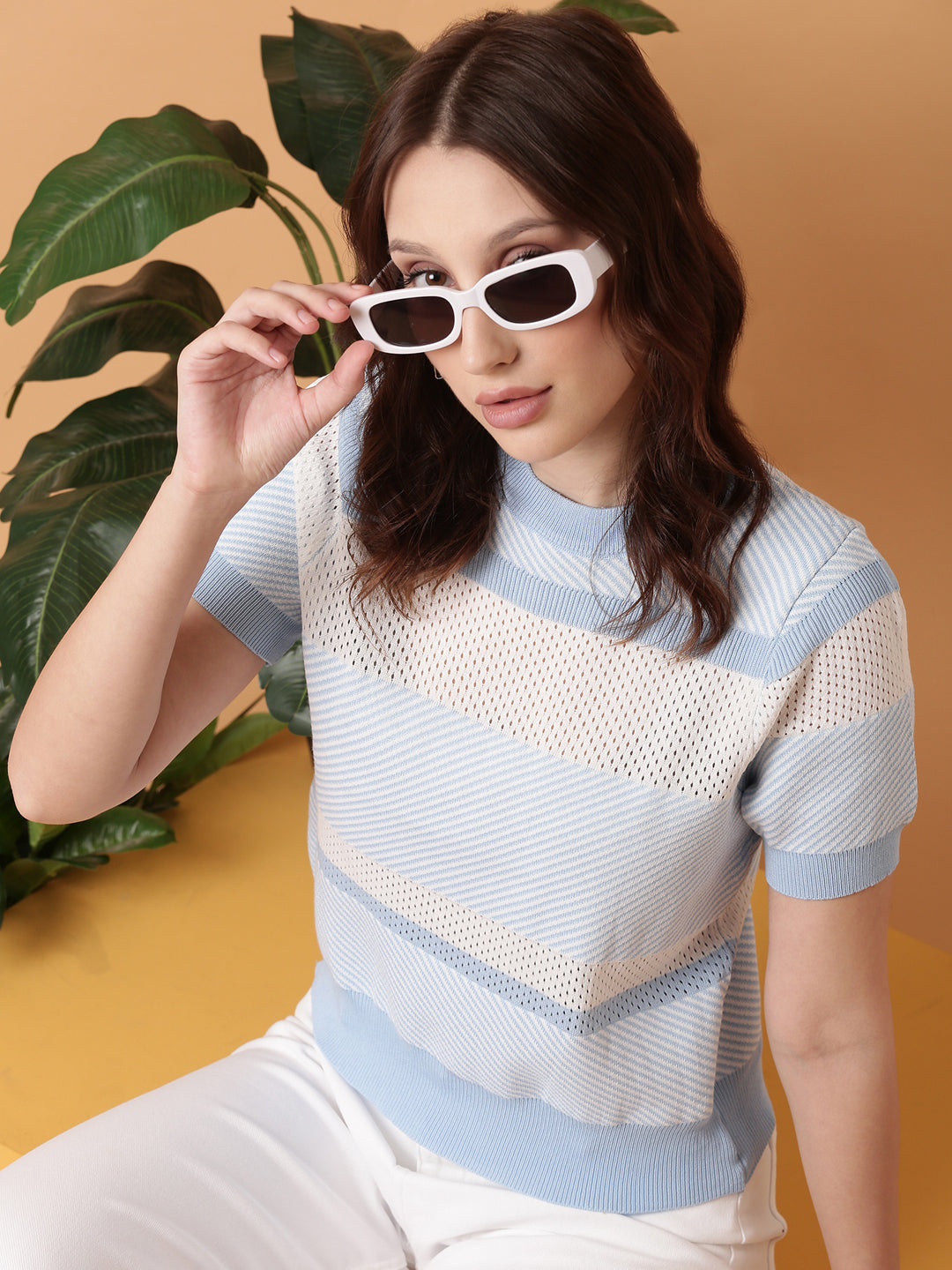 Women Blue Striped Crochet Top