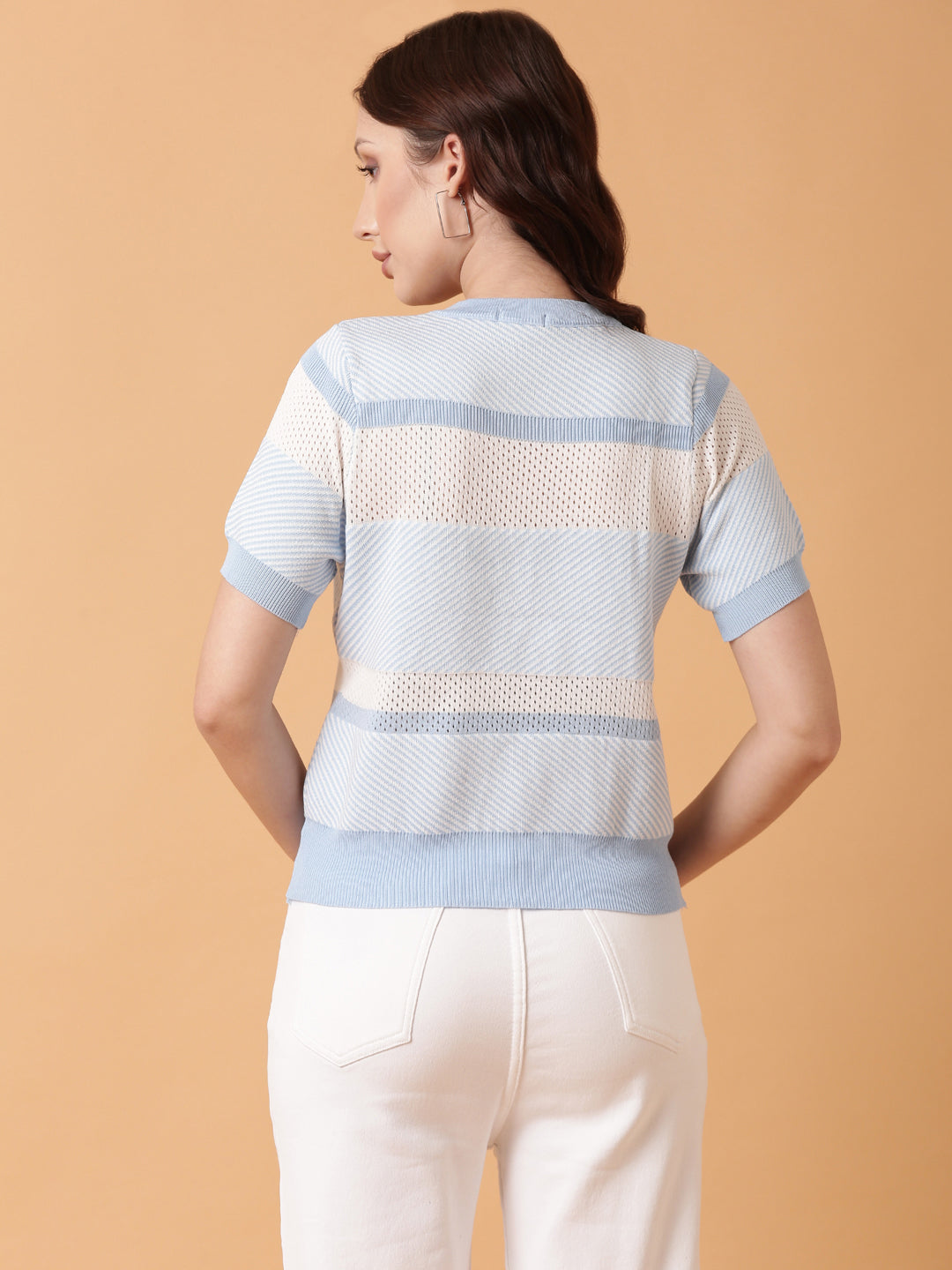 Women Blue Striped Crochet Top