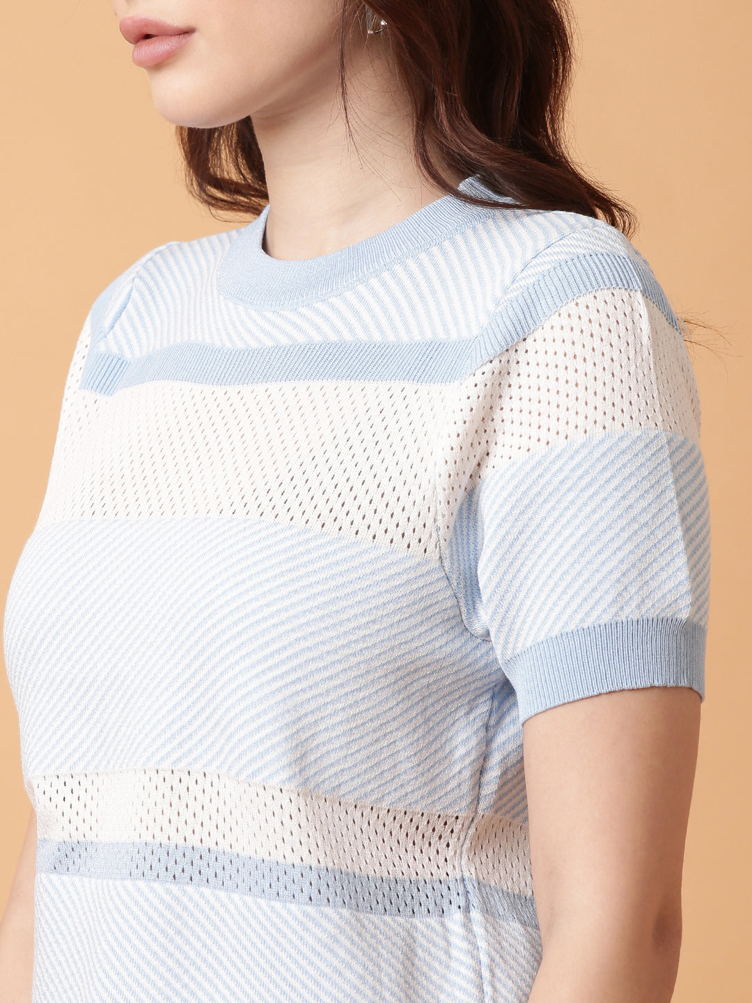 Women Blue Striped Crochet Top