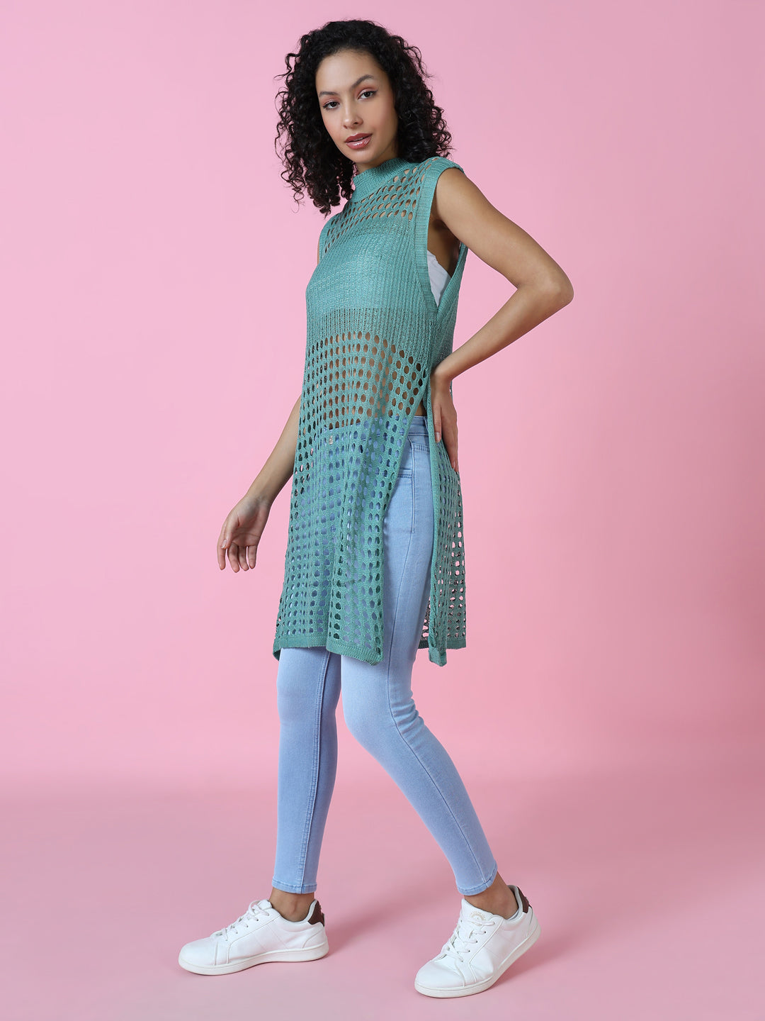 Women Sea Green Solid Crochet Longline Top