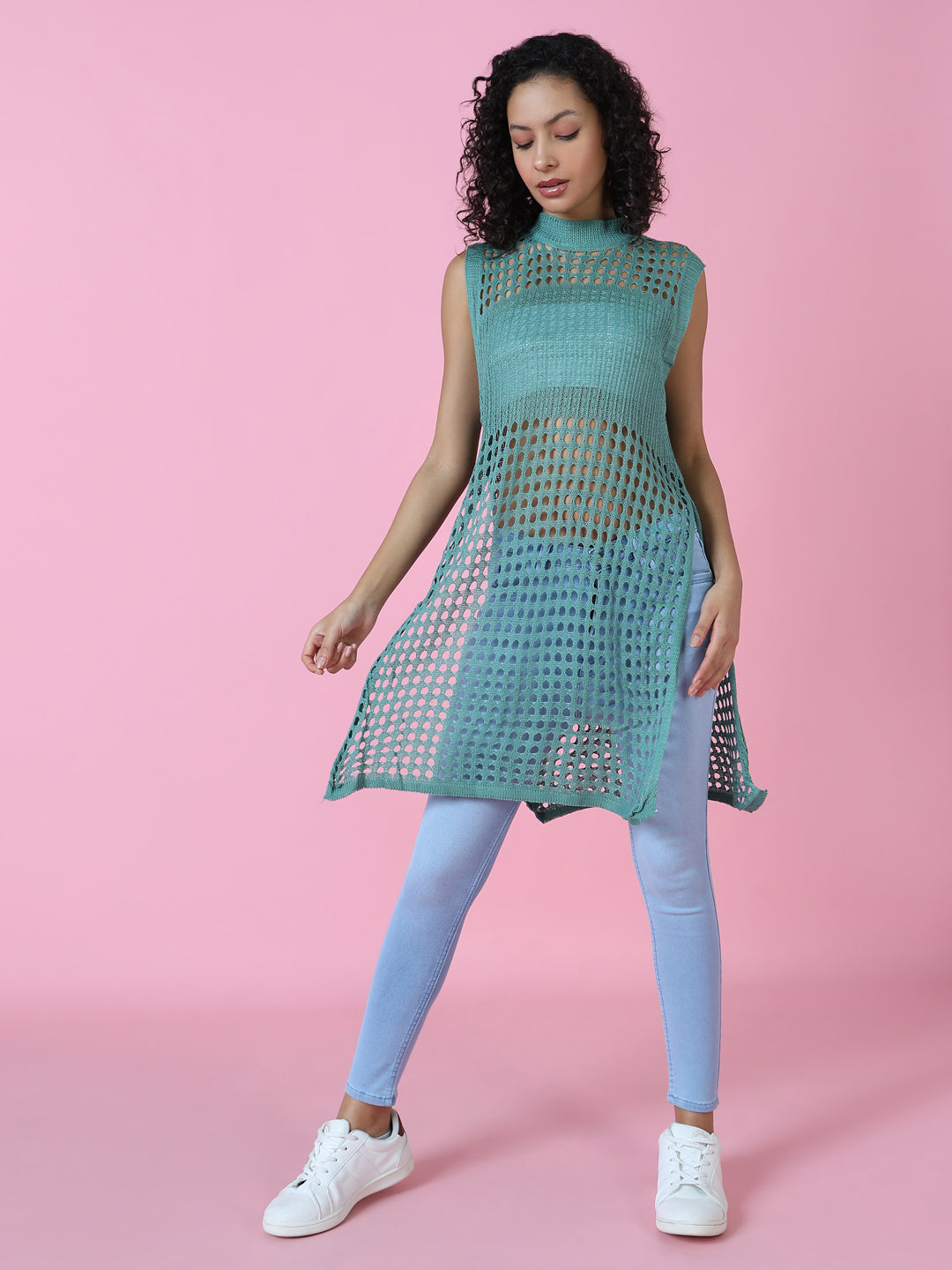 Women Sea Green Solid Crochet Longline Top